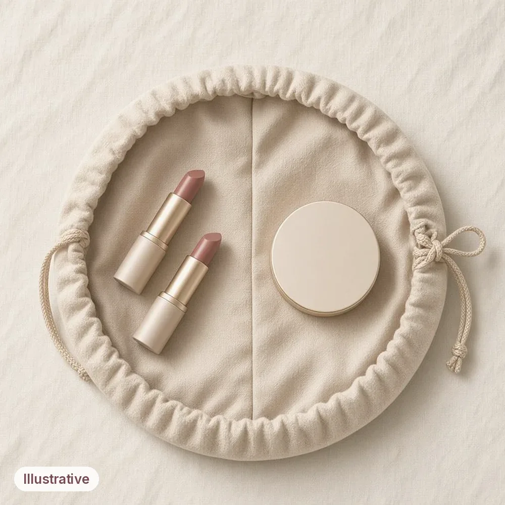 Illustration of the Lay-Flat Makeup Bag: Illustrative image · not a product photo · props not included
